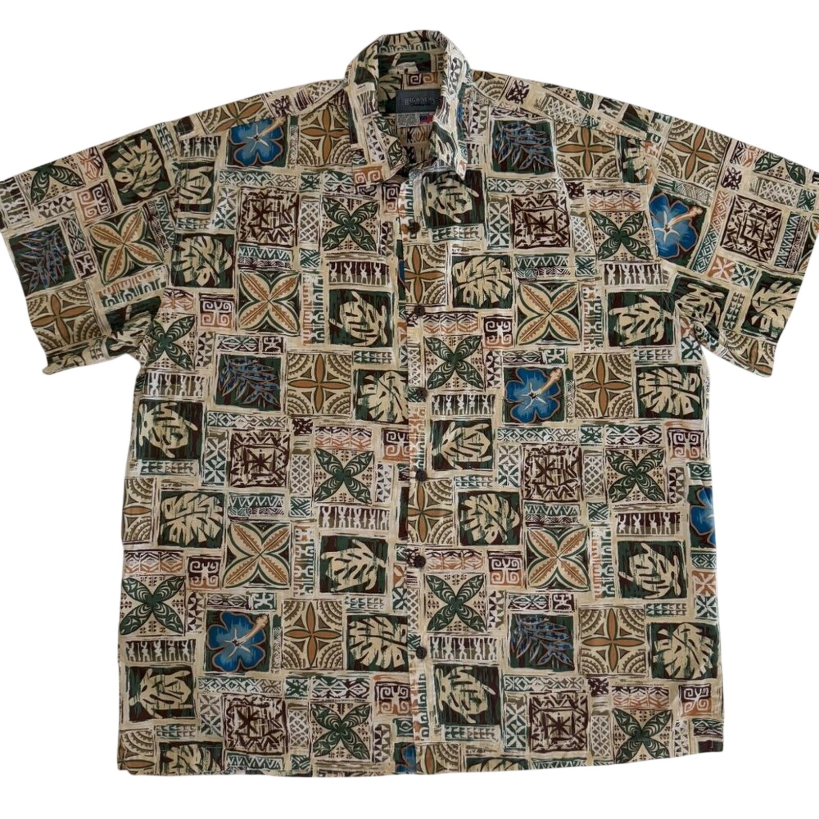 Hawaiian Tapa Print Shirt L Cotton Aloha Tropical Beach Resort Vintage Style